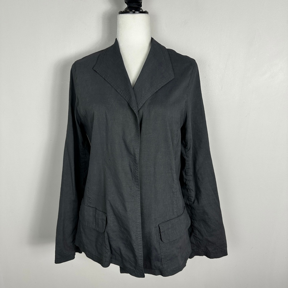 Eileen Fisher Grey Linen Blazer Jacket Womens Size Large Minimalist Open Front